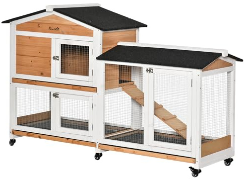 PawHut Clapier Bois pour Lapins sur roulettes 157,4 x 53 x 99,5 cm Jaune