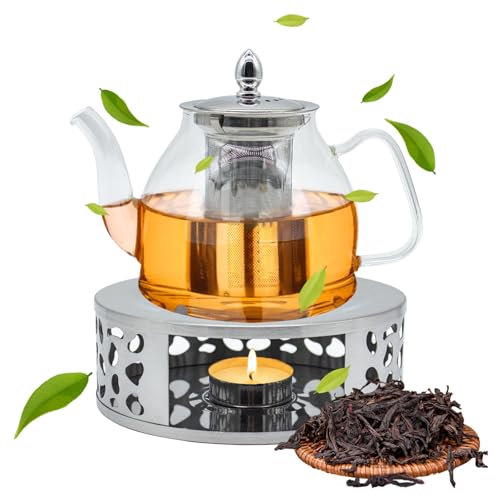 Ryvera Tetera de 1200ml Tetera Cristal, Vidrio borosilicato, colador de Acero Inoxidable 304 & Plato Calentador de Acero Inoxidable 430, Inserto Amovible, fácil de Limpiar, Apta para Todos los