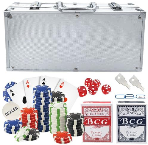 Glac Store Valigetta da Poker Texas Hold'em Blackjack, 300 Chips, 2 Mazzi di Carte Blu e Rosse, Chip Dealer, 5 Dadi, Argento
