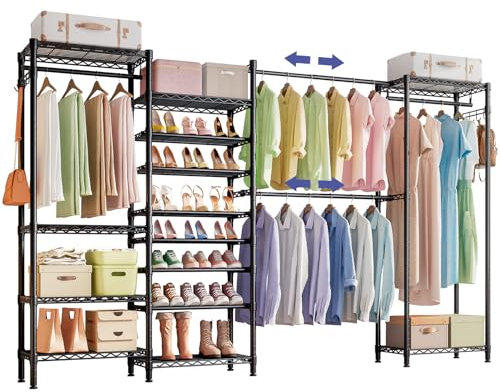 Wooruy Erweiterbarer Kleiderständer mit Schuhregal, Stabiler Kleiderständer mit verstellbaren Ablageflächen, Freistehender Kleiderschrank mit Hängestange und Haken, Metall Kleiderständer auf Rollen