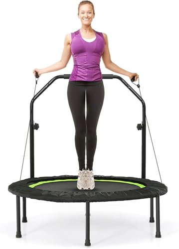 FANTASK Fitness Trampolin mit höhenverstellbarm Haltegriff & 2 Widerstandsbändern,Kindertrampolin faltbar, Mini Trampolin φ101cm, Gartentrampolin bis 150kg belastbar für Erwachsene & Kinder