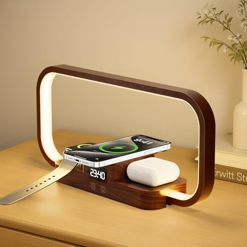 CRLL 3 in 1 Lampada da Comodino con Caricatore Wireless & Porta USB, 5 Colori Lampada da Tavolo Dimmerabile Controllo Touch, Stazione di Ricarica per Pods, Smartphone per Camera (Marrone)