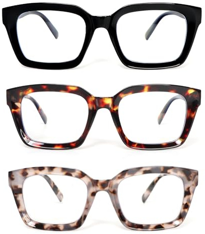 KoKoBin 3 Pack Oversized Reading Glasses for Women Square Blue Light Blocking Fashion Reader (3 Pack, 2, x)