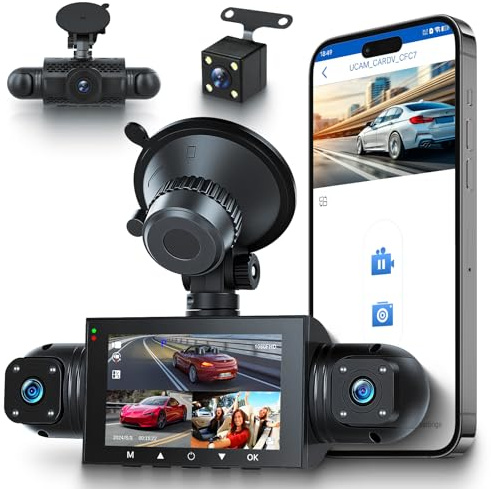Cámara para salpicadero de 4 Canales con cámara Interior Delantera y Trasera, cámara Delantera de 1080p con Control WiFi y App, grabación en Bucle de 360 Grados, Sensor G y visión Nocturna