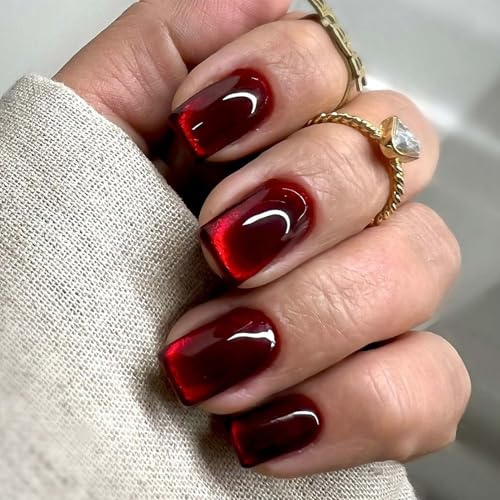 Clawrex Cat Eye Press on Nails korta, 24 stycken röda fyrkantiga naglar för att klistra på kattögon, Full Cover naglar med nagellim, glänsande mjuk gel falska naglar för kvinnor, konstgjord nagel Nail