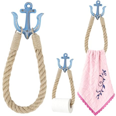 Notakia Ganci da parete in ghisa vintage con ancora nautica, ganci per asciugamani costieri, ganci decorativi da parete per casa sulla spiaggia, casa sul lago o bagno, portasciugamani rustico blu