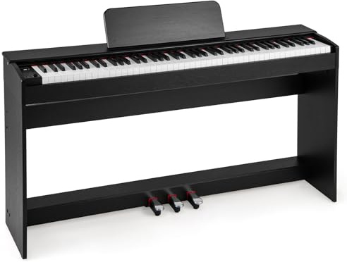 COSTWAY Piano Digital Vertical de 88 Teclas Contrapesadas, Piano Eléctrico Compacto con Soporte, Grabar y Reproducir, Pedales Triples, Doble Altavoz y Conectores para Auriculares, MIDI
