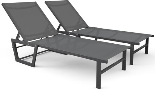 vounot® Lot de 2 Bain de Soleil en Textilène Structure en Aluminium Inclinable Chaise Longue 5 Positions Transat Charge Max 180KG pour Jardin Terrasse Piscine Plage Camping Gris