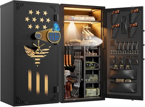 Fingerprint Large Rifle Safe, 30-40 Biometric Gun Safe for Rifle and Shotgun/Rifle Pistol Rack/Storage Pocket/Removable Shelf/Silent Mode/External Battery/LED/Key,180° Open Unassembled Gun Safe(Gold)