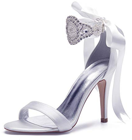EICOFF Zapatos de Novia con Perlas Cristal Mujer Sandalias de Fiesta con Tacón Alto de Aguja Punta Abierta Zapatos de Boda Fiesta Vestido,Blanca,37 EU