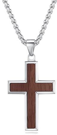 REVEMCN Wooden Cross Necklace for Men – Black Walnut & Stainless Steel Cross Pendant with Adjustable 18–24 Chain, Christian Jewellery Gift for Son