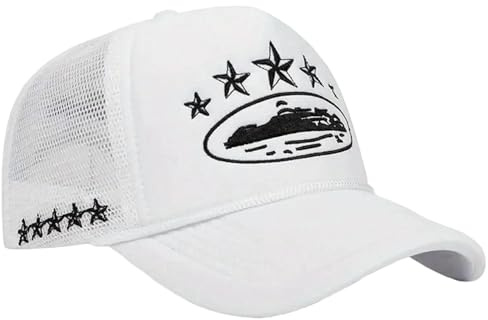 Gyios Cappello da Baseball Camionista Ricamato con Stella Unisex Berretto in Rete Traspirante Parasole Hip-Hop Regolabile per Uomo Donna Casual All'aperto-Bianco-Regolabile
