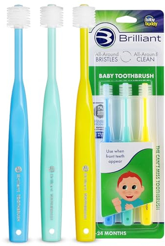 Brilliant Oral Care Baby Toothbrush with Soft Bristles and Round Head, for a Toddler Approved, Easy to Use All-Around Clean Mouth, 4-24 Months, When Front Teeth Appear, Blue Mint Yellow, 3 Pack