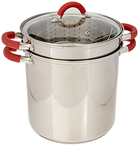 ExcelSteel 526 - Cuocipasta multifunzione con coperchio e impugnatura in silicone rosso, in acciaio inox