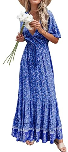 R.Vivimos Abito Boho Estivo Donna Abito Sexy Scollo a V Bottoni Manica Corta Vestito Elegante con Volant Orlo Abito Lungo Maxi da Spiaggia Casual per Le Vacanze(S,Blu)