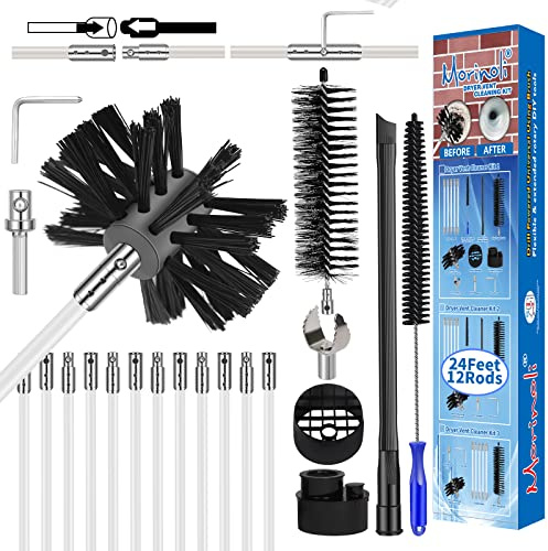 24 Feet Dryer Vent Cleaning Kit - Chrome Button Locking System - Dryer Vent Cleaner Kit With Vacuum Attachment, Nozzle, Hose and Adapter