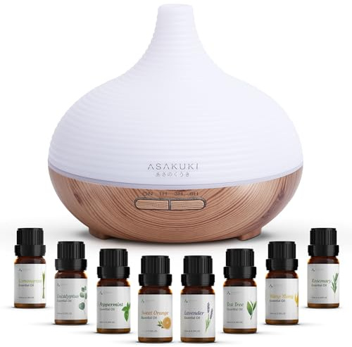 ASAKUKI 300ml Essential Oil Diffuser with 8*10ml Natural Essential Oils Set | Oil Diffusers with 7 Colour Lights, Auto Shut-off & Timer, Ultrasonic Cool Mist Humidifier for Home Bedroom Office Yoga Room