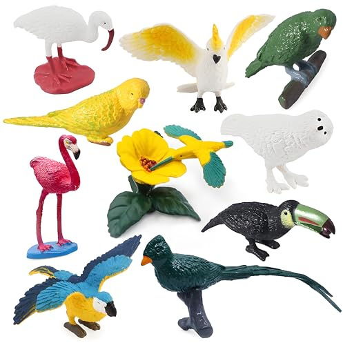 SIENON 10Pcs Mini Birds Figures, Miniature Realistic Bird Animal Toys Figurines, Plastic Model Flamingo, White Ibis, Parrots, Hummingbird Educational Toy Cake Decorations