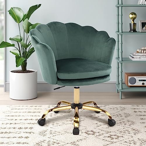 WOLMICS Bürostuhl Höhenverstellbar Drehstuhl Samt Bürosessel Schminkstuhl mit Rädern,Sessel Samtstuhl Für Schlafzimmer/Arbeitszimmer,Grün+Gold