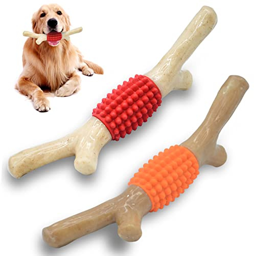 SCHITEC Juguete Masticable para Perros para Masticadores Agresivos, Barra de Dentición de Nailon Resistente y Goma con Sabor Real a Madera de Arce de Tocino para Razas Grandes y Medianas