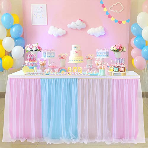 Highdi Tüll Tischrock, Selbermachen Candy Lang Tisch Tischdecke Kuchen Tischdekorationen für Geburtstag Mädchen Dekoration, Baby Party,Candy Party,Candy Bar,Hochzeit (Gelb pulverblau,4FT)