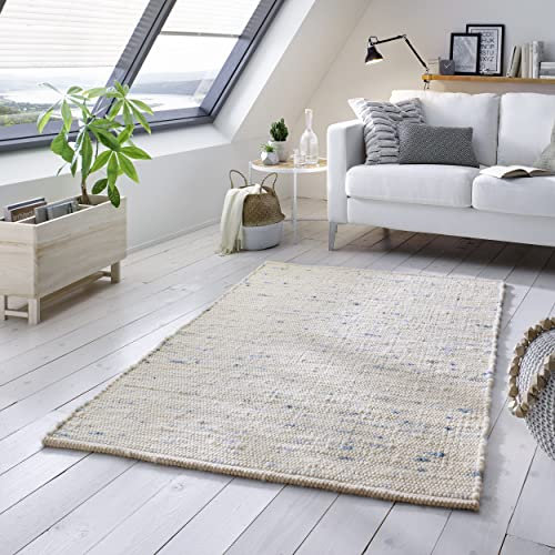 TacaHome Wollteppich Natur Handweb Teppich I Reine Schur-Wolle im Skandinavischen Design I Wohnzimmer Schlafzimmer Esszimmer Kinderzimer Büro | 60 x 120 cm Blau Meliert