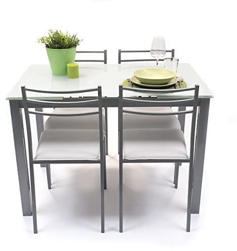 Homely - Conjunto de Cocina Mesa y 4 sillas Paris Grey, Mesa de Cocina Extensible de 110/140/170x70 cm y 4 sillas de Cocina, Color Gris y Blanco