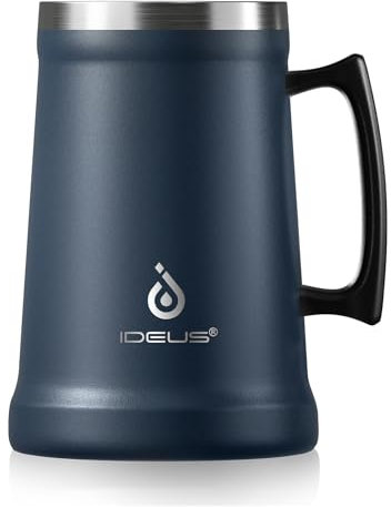 Ideus® Chope à bière isotherme avec poignée - 1000 ml - En acier inoxydable - Grand gobelet isotherme en métal - Né pour la fête de la bière (bleu marine)