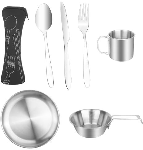 Camping-Besteck-Set 7-Teiliges Camping Geschirr Edelstahl 1 Person Camping Picknick Teller Edelstahl Reisebesteck Set inklusive Teller, Tasse, Schüssel, Besteck mit Netzbeutel für Camping