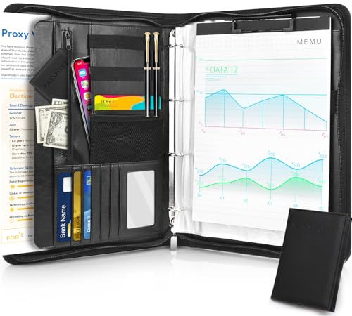 SAMISO Schreibmappe A4 Schreibmappe,Konferenzmappe,Portfolio Dokumenten-Mappe,Ledermappe A4 Dokumentenmappe aus Leder mit Reißverschluss Inkl Passbuch und A4-Notizblock(Schwarz)