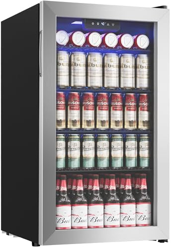 Icyglee Beverage Refrigerator Cooler - 126 Can Mini Fridge with Glass Door for Soda Beer or Wine, Beverage Cooler for Home, Office, Bar with Adjustable Removable Shelves, Silver