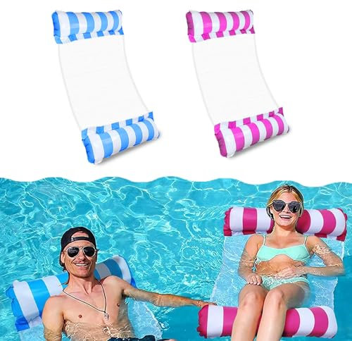 WUBAYI 2 Pack Pool Inflatable Water Hammock,Swimming Pool Floats 4 In 1 Floating Chair For Adults Kids Lounge Chair,Blue&Pink