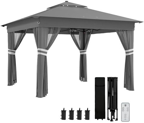 Outsunny 3 x 3(m) Pop Up Gazebo with Sides, 20 Solar-Powered LED Lights, Netting, Roller Bag, 4 Weight Bags, Marquee Party Tent, Height Adjustable Instant Event Shelter, Grey
