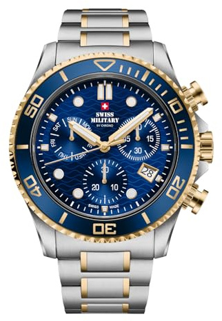 Swiss Military by Chrono Herren Uhr Chronograph Quarzwerk mit Edelstahl Metallarmband Analoge Herrenuhr Armbanduhr Silber Gold SM34101.04