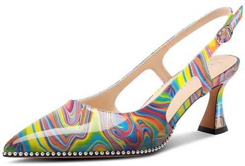NobleOnly Donna Chiusa a Punta Medio Gattini Tacco Heel Slingback Pumps Fibbia Dress Casual Slip-on Scarpe 6.5 CM Heels Graffiti Colorati 37 EU