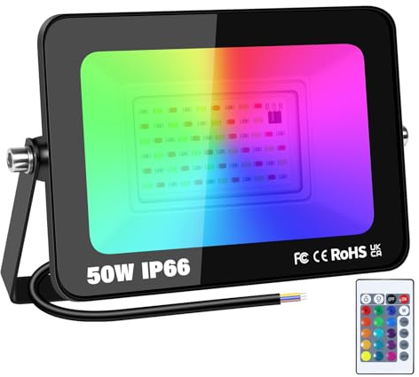 RIGIDON 1 Pack 50W RGB LED Flood Light Outdoor, 16 Colour Changing Light | No Plug, Dimmable, Remote Control, 4 Modes, 175-265V, IP66 Waterproof, Wall Floodlight for Garden, Yards, Landscape