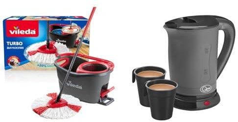 Vileda Turbo Microfibre Mop And Bucket Set, Spin Mop For Cleaning Floors, Set Of 1x Mop And 1x Bucke & Quest Black Travel Kettle with 2 Cups | Portable & Lightweight | Dual Voltage