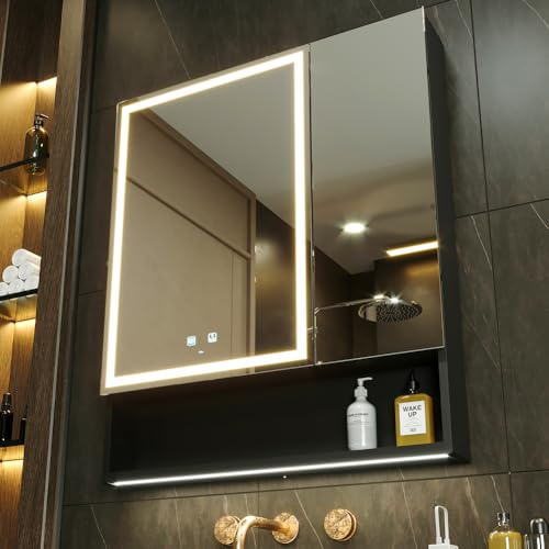 KWW LED Ilumina el Botiquín del Baño, con Espejo, Temperatura de Color Ajustable, luz Antiniebla, Enchufe y USB, Botiquín Montado en La Pared (2 puertas-75×85)