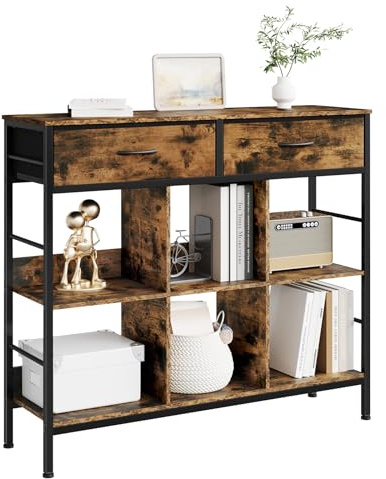 WOLTU Libreria rustica marrone con 6 ripiani, 2 cassetti, struttura in metallo, autoportante, studio, soggiorno, camera da letto