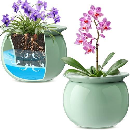 Suclain 2 Stück afrikanische Veilchen-Töpfe, selbstbewässernde Töpfe für Innenblumen und Pflanzen, Keramik, einfach selbstbewässernder Blumentopf mit hochsaugfähigem Innentopf für tropische Pflanzen,