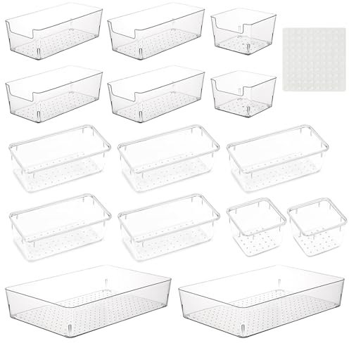 Cotreasure 15 Pezzi Organizer Bagno(5 Misure),Organizer Cassetti,Organizzatore Bagno,Contenitori Trasparenti Organizer,Riempite con 2 Strati di Cassetto da 56 32 cm, per Cosmetici, Bagni, Uffici