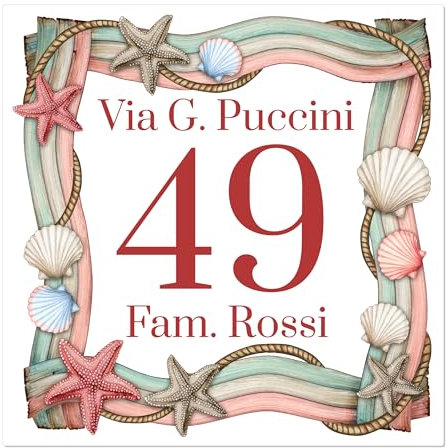 Caribu design Numero Civico Personalizzato da Esterno - Mattonella in Ceramica 15x15 cm Targa Personalizzabile con Indirizzo, Via, Nome Famiglia, Testo - Piastrella Tema Mare Quadrato