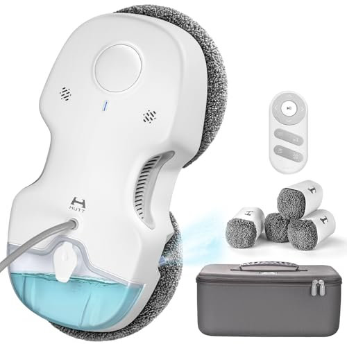 HUTT C65 Fensterputzroboter mit Sprühfunktion, Elektrischer Fensterputzer Fernbedienung mit 80ML Tank, Fensterreiniger Roboter Automatischer, für Innen- und Außenfenster, 10x Lappen, Koffer