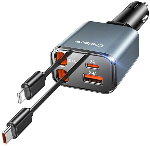 Coolpow Retractable Car Charger Adapter【4 in 1 Fast Charging】Retractable Car Charger USB C Car Phone Charger USB C Cigarette Lighter Charger Adapter Car Charging Block Cube for iPhone 17 Pro Max 16 15