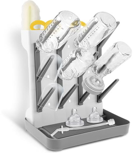 GWCYMYD Baby Bottle Drying Rack, Vertical Bottle Drying Rack with Removable Drip Tray, Space Saving Drainer Rack for Baby Bottles and Pump Part Cleaning (Grey)