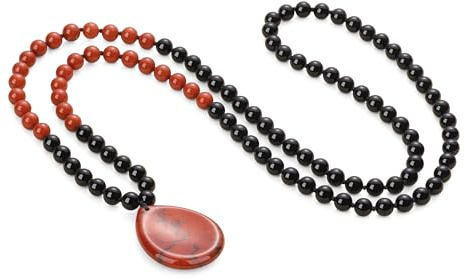 COAI Collana Mala 108 Grani in Pietre Naturali Onice e Diaspro Rosso con Ciondolo Pietra del Pollice, Rosario da Uomo e da Donna Contro Ansia e Stress