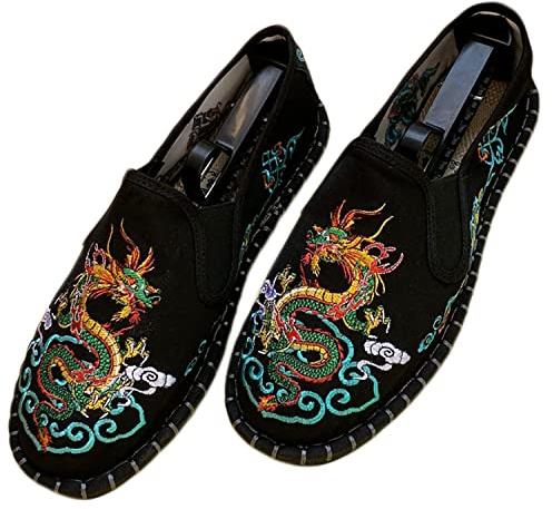 Tinymori Embroidered Tai Chi Kung Fu Shoes, Unisex Canvas Martial Arts Flats, Traditional Chinese Slip-On Sneakers with Non-Slip Sole for Men and Women 12 Styles (Azure Dragon,10.5)