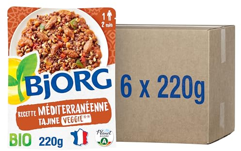 BJORG - Plat Cuisiné Tajine Veggie - Plat Préparé Bio et Végétarien - Source de Protéines - Riche en Fibres - 100% Végétal - Prêt en 2 min - Doypack Micro-ondable 220 g x 6