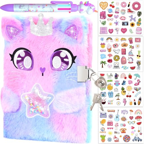 EABUY Diary for Girls with Lock and Keys, Girls Journal School Travel Notebook Gift Set for Writing and Drawing, Multicolored Pen, Stickers, Birthday Gift for Girls (purple-cat)