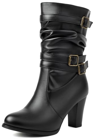 Galindopia Pleated Stivali Slouch Ankle High Block Heel Dressy Motorcycle Stivaletti Heels Fibbia Belt Rivetti Chain Stivali Combattimento Plus Black Size 38